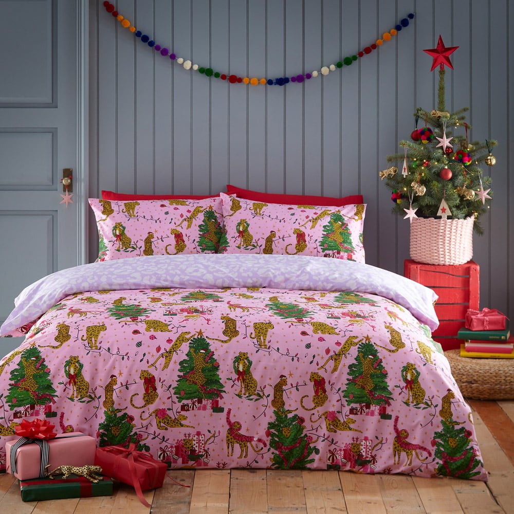 furn. Purrfect Super King Size Pink and Lilac Abstract Leopard Duvet Cover Set Image 8