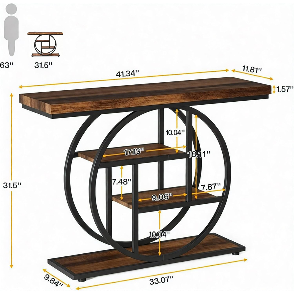 Alivio 3 Shelf Brown Rustic Wood Double Round Metal Frame Console Table Image 9