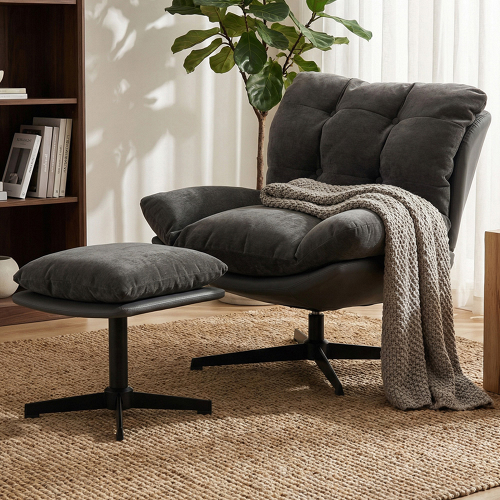 Portland Dark Grey Chenille Swivel Accent Chair with Footstool Image 1