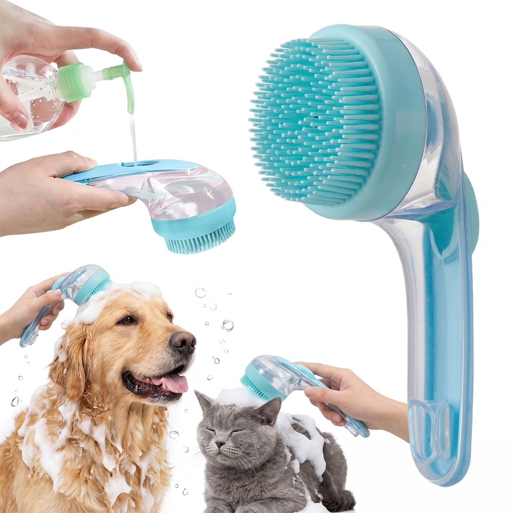 H&O Direct Blue Transparent Soft Silicone Pet Bathing Brush with Shampoo Dispenser Image 3