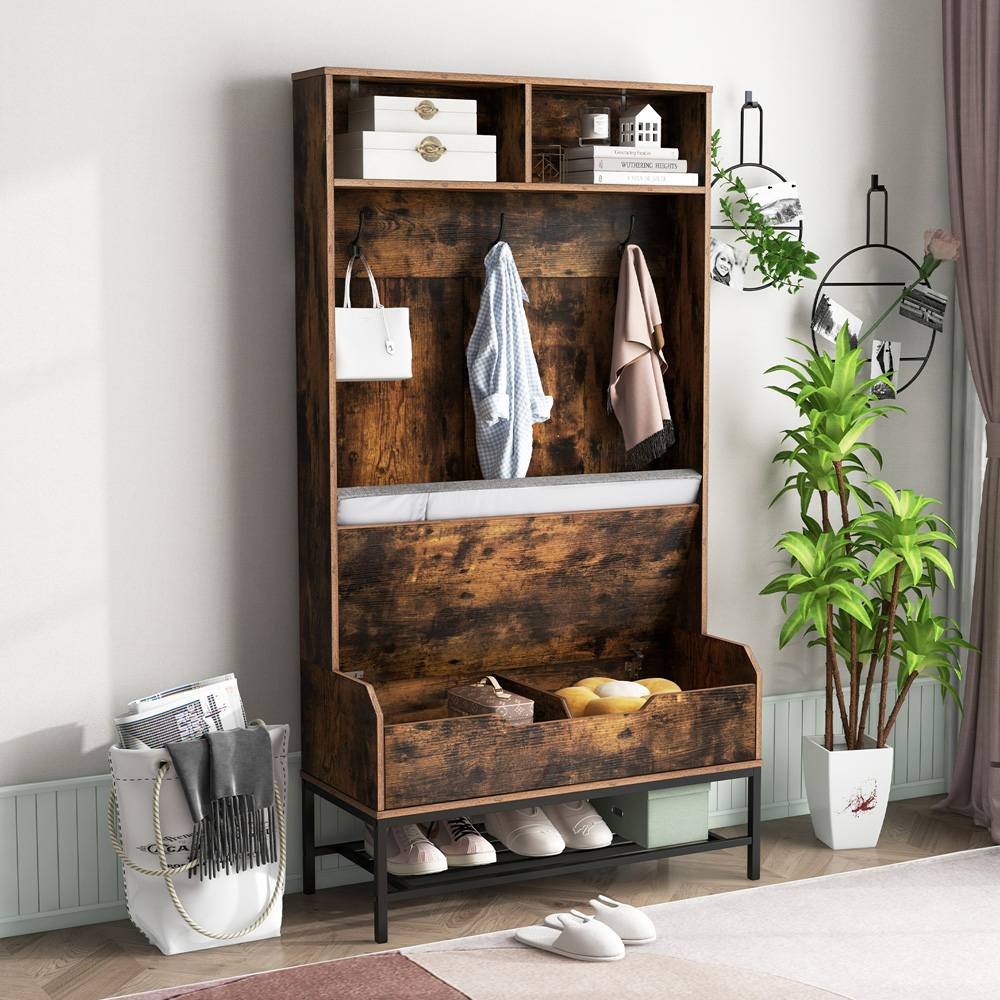 Costway 4 in 1 Rustic Brown Coat Rack with Seat Cushion Image 2