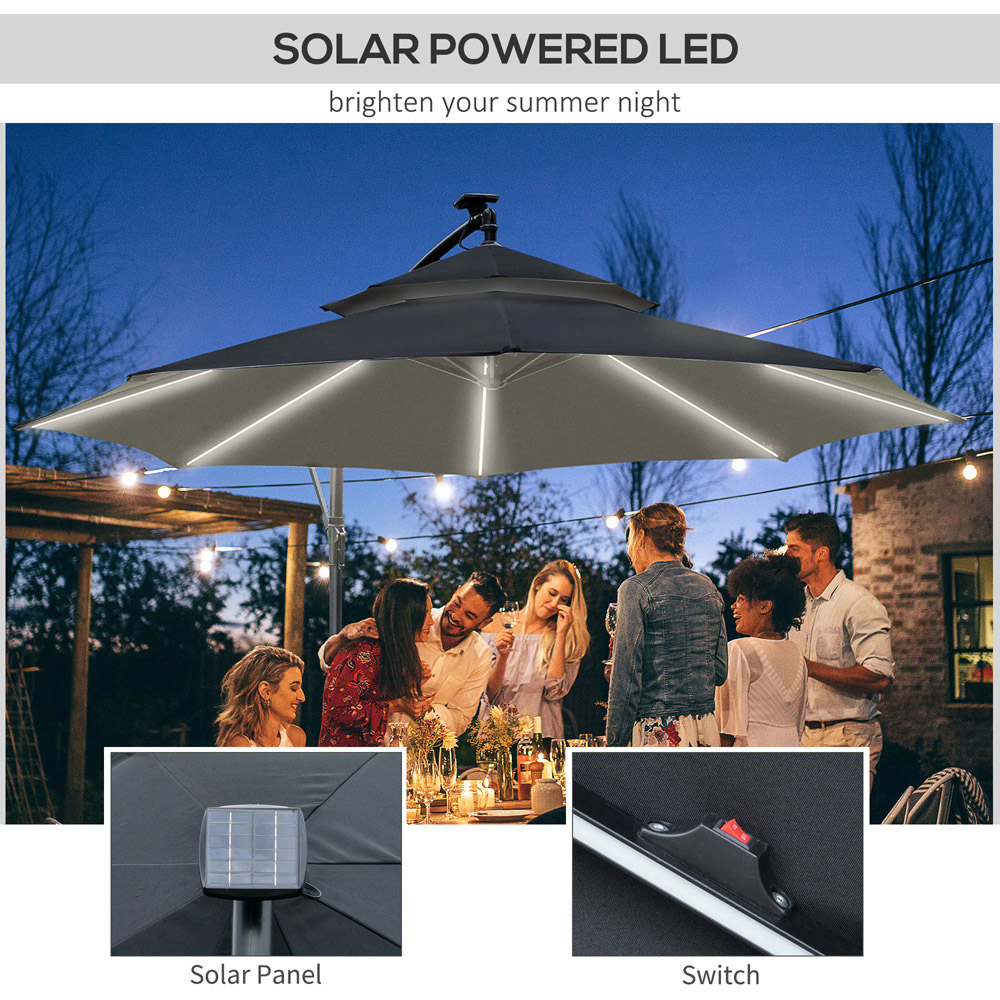 Outsunny Black Solar LED Crank Handle Cantilever Banana Parasol with Cross Base 3m Image 6