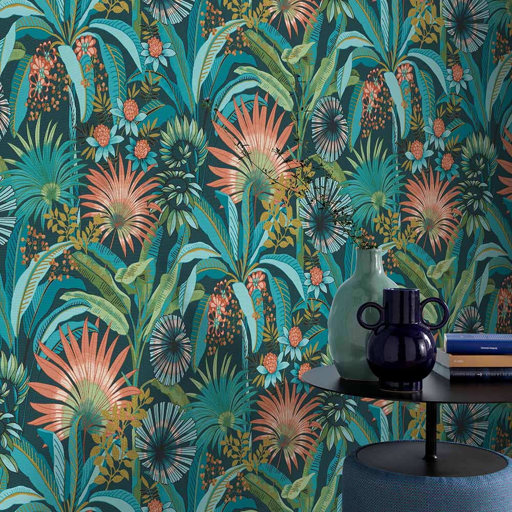 Erismann Martinique Tropical Floral Non Woven Blue Wallpaper Image 4