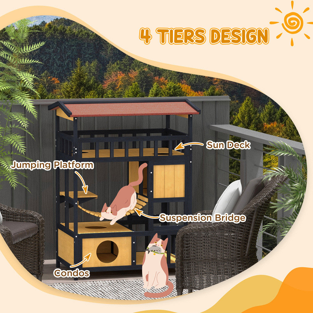 PawHut Outdoor Cat House with Suspension Bridge and Balcony Image 7