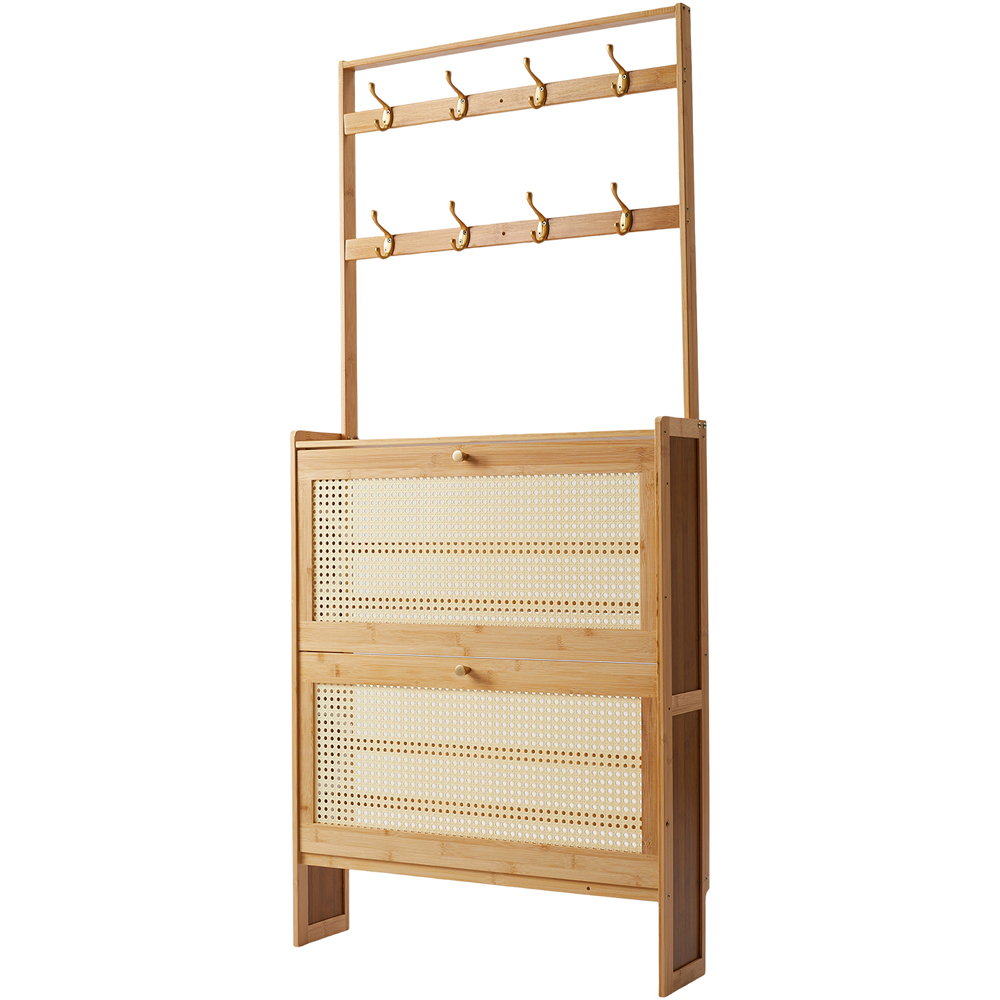 Living and Home 2 Flip Down Drawer Natural Bamboo Shoe Cabinet with 8 Hooks Image 2
