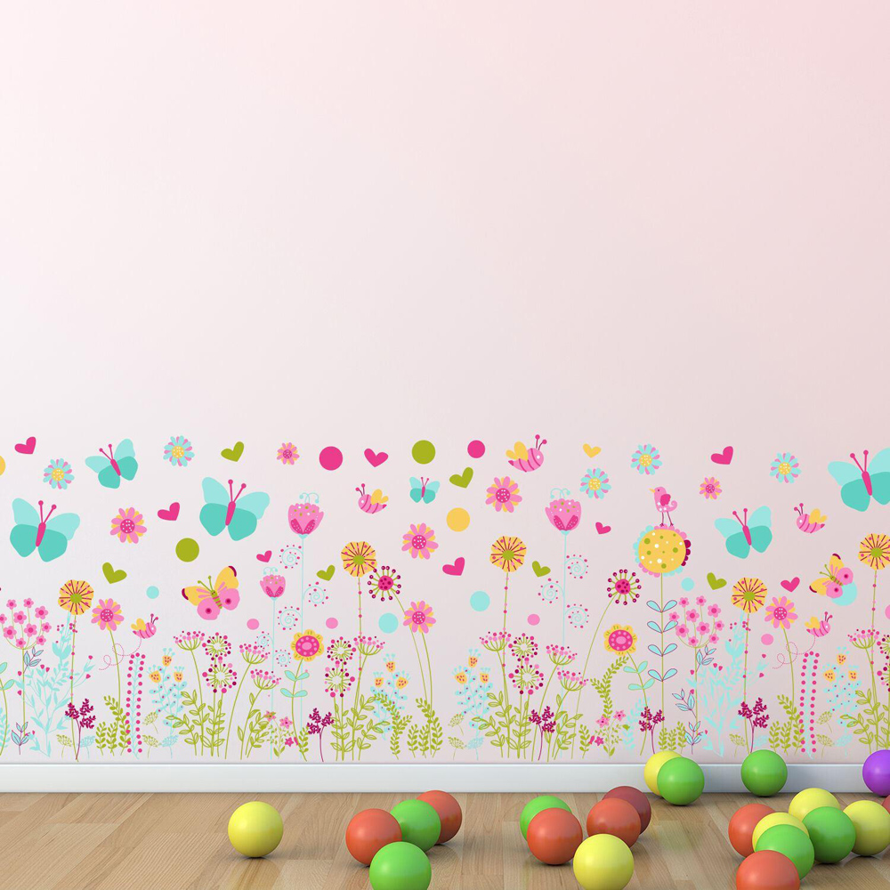 Walplus Kids Colourful Butterflies and Flowers Skirting Self Adhesive Wall Stickers Image 1
