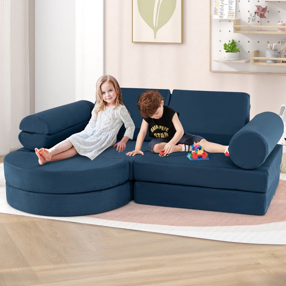 Costway Dark Blue Versatile Toddler Sectional Sofa Set Image 1