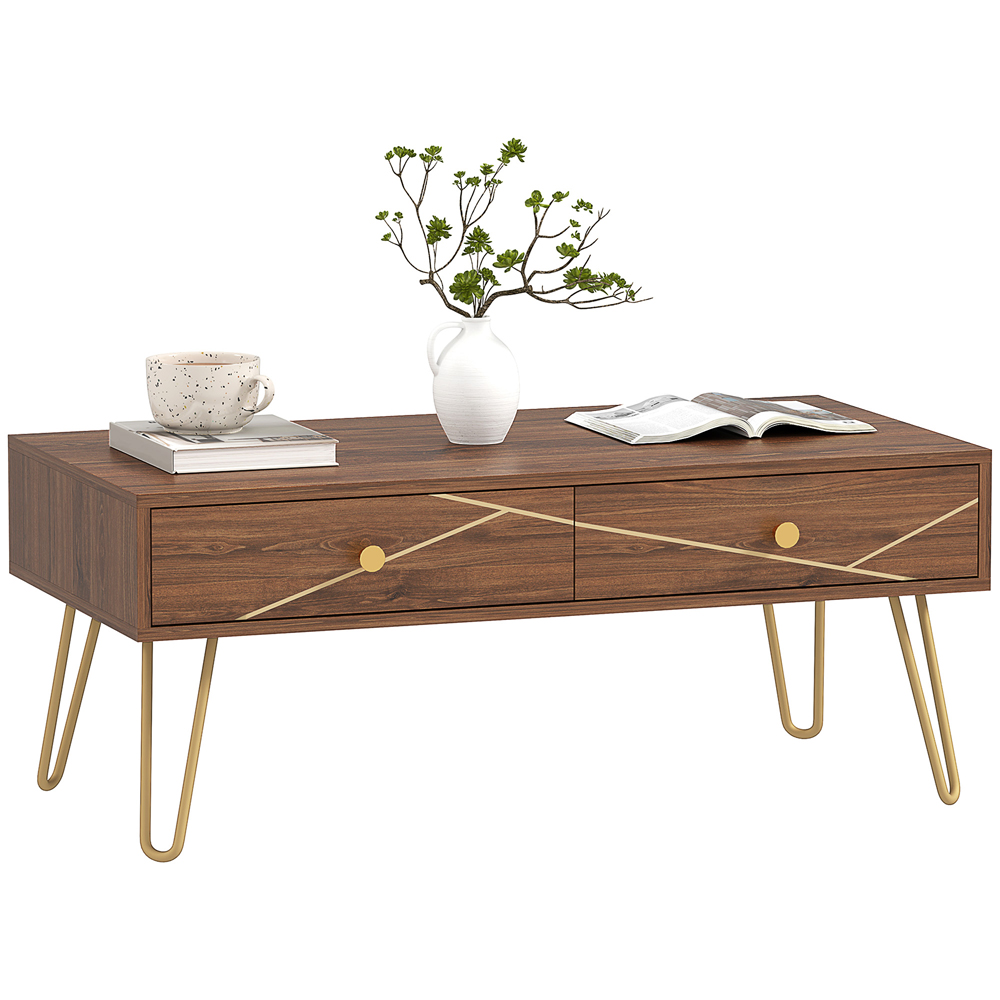 HOMCOM 2 Drawer Brown Coffee Table with Steel Base Image 2