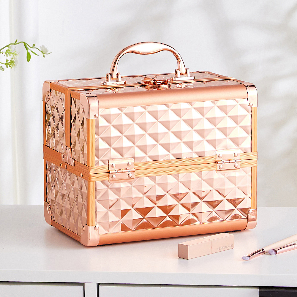 Living and Home Rose Gold 2 Tray Professional Makeup Box with Mirror Image 2