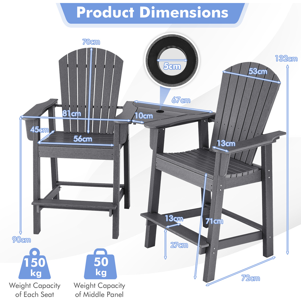 Costway Adirondack Grey Bar Stool Set of 2 with Connecting Tray Image 8