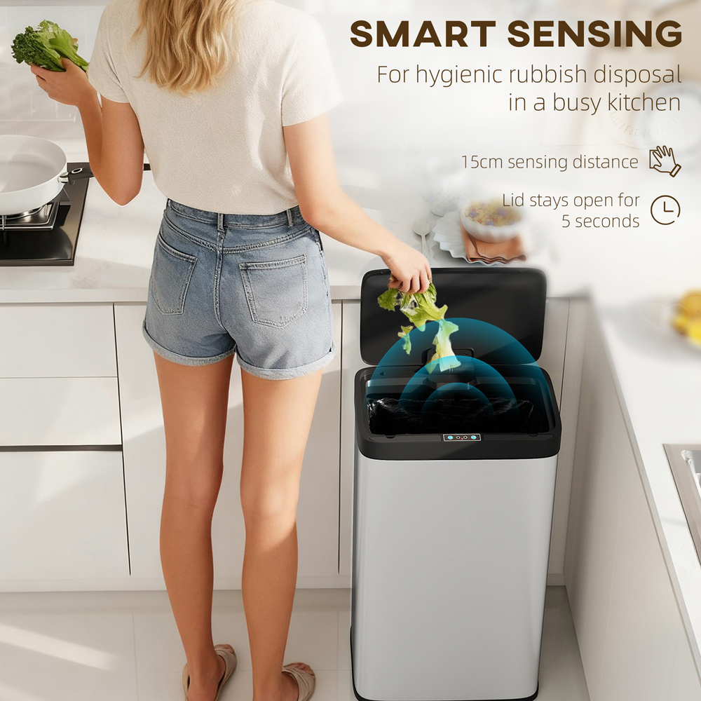 HOMCOM Silver and Black Stainless Steel Slim Automatic Sensor Bin 45L Image 4