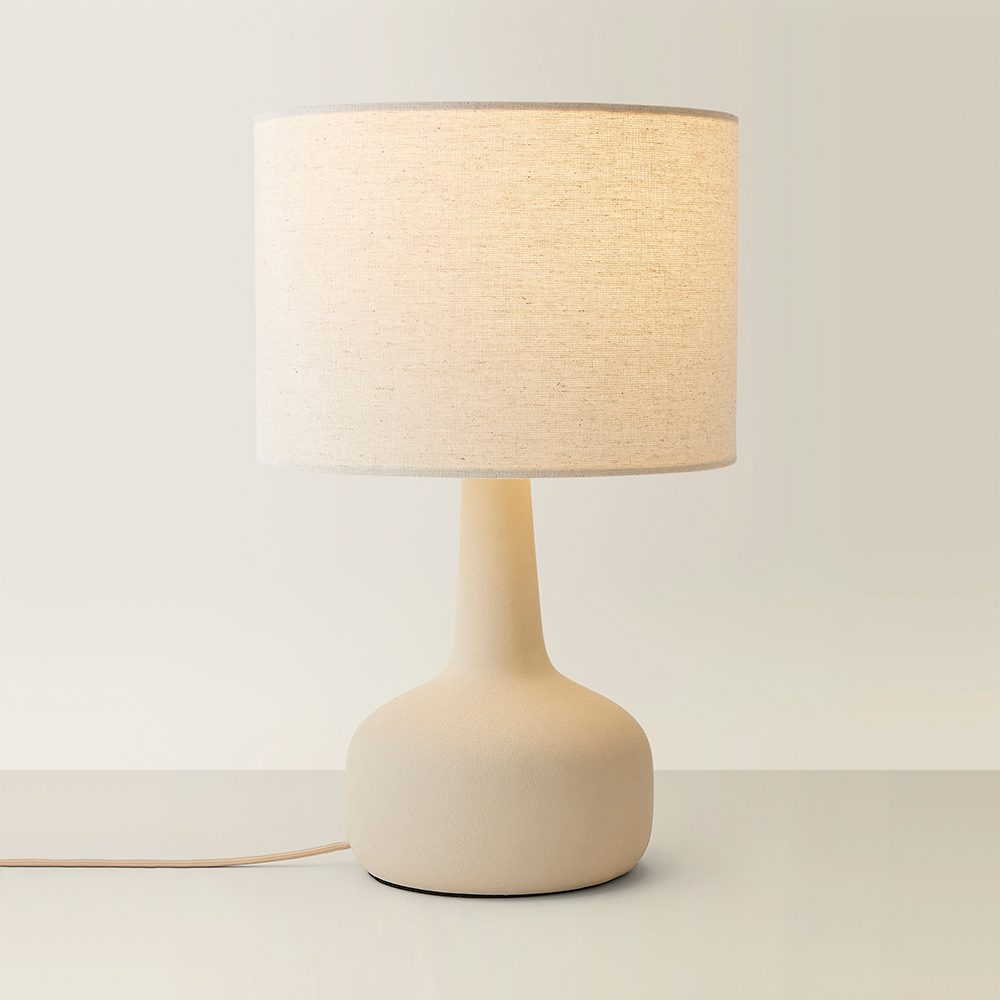 ValueLights Hayley Natural Linen Drum Shade Beige Squat Base Ceramic LED Table Lamp Image 5