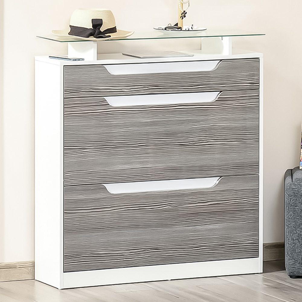 HOMCOM 3 Drawer High Gloss Grey Shoe Cabinet Image 1