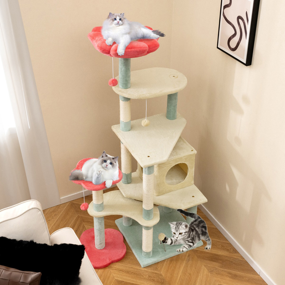 Costway Colourful Multi Level Floral Kitten Tower with Padded Perch 155cm Image 2