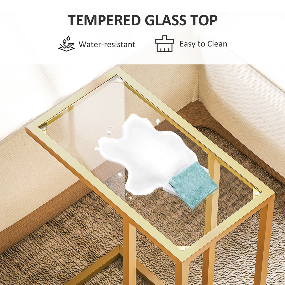HOMCOM Gold C Shaped Tempered Glass Tabletop Bedside Table Image 7