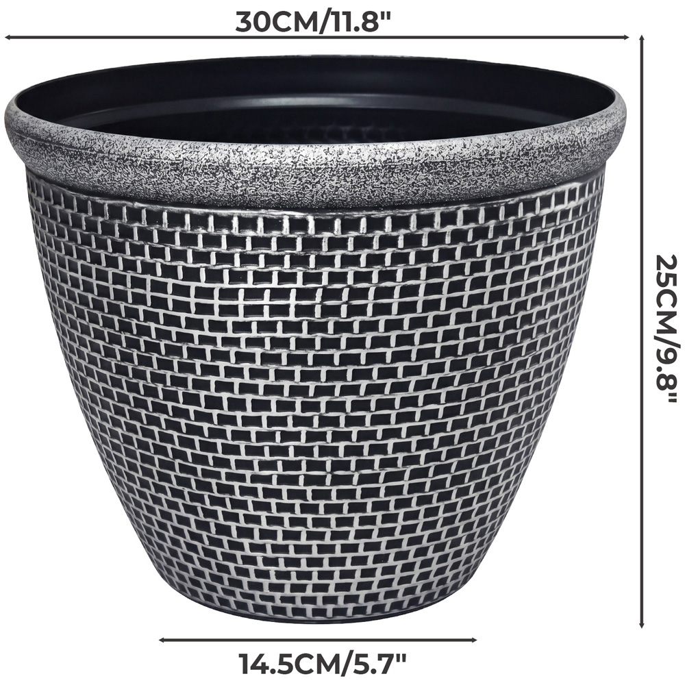 TOQUE Black Antique and Silver Effect Plastic Garden Plant Pot with Drainage Holes 30cm 2 Pack Image 9