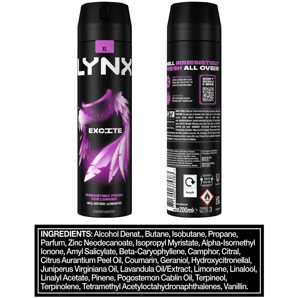 Lynx XL Excite Coconut and Black Pepper 48H Sweat Protection Deodorant Body Spray 200ml 3 Pack Image 8