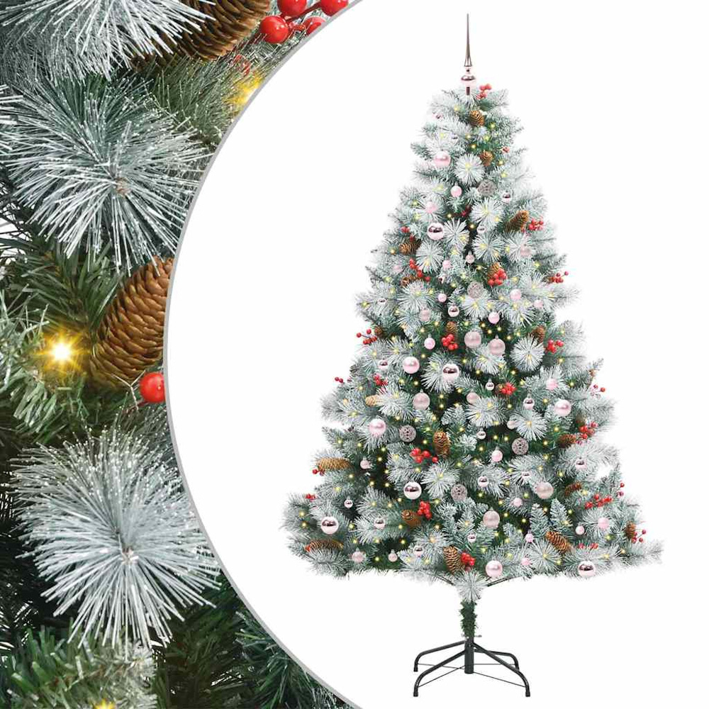 vidaXL Pre-Lit Pink Baubles Green Artificial Snow Flocked Christmas Tree 7ft Image 2