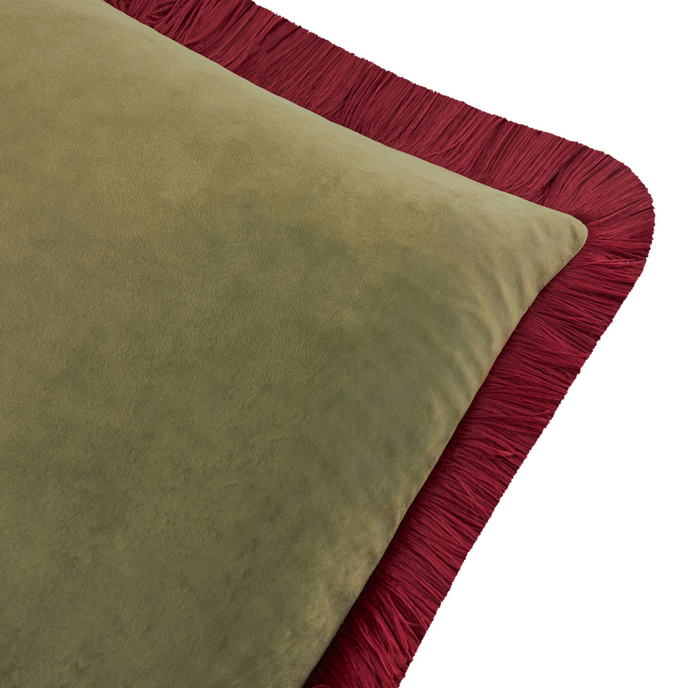 Furn Halo Fringed Fir Green and Dark Red Velvet Cushion 50 x 50cm Image 2