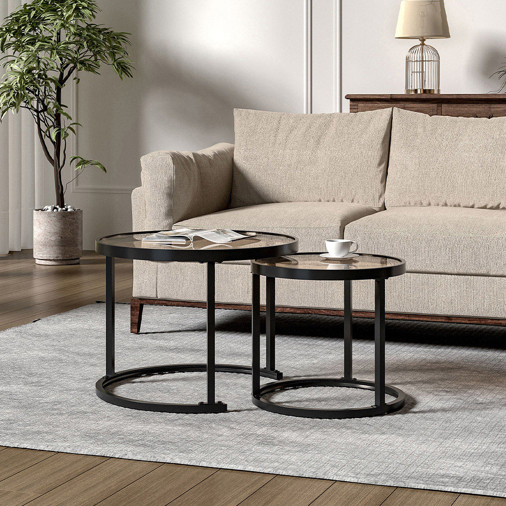 Living and Home Round Black Glass Nesting Tables Set of 2 Image 3