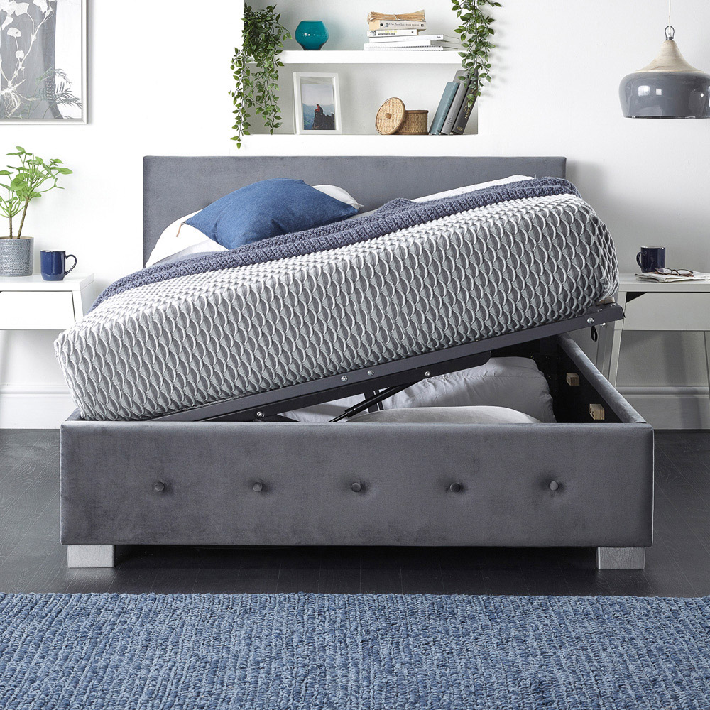 Aspire Super King Size Grey Plush Velvet Side Opening Ottoman Storage Image 4