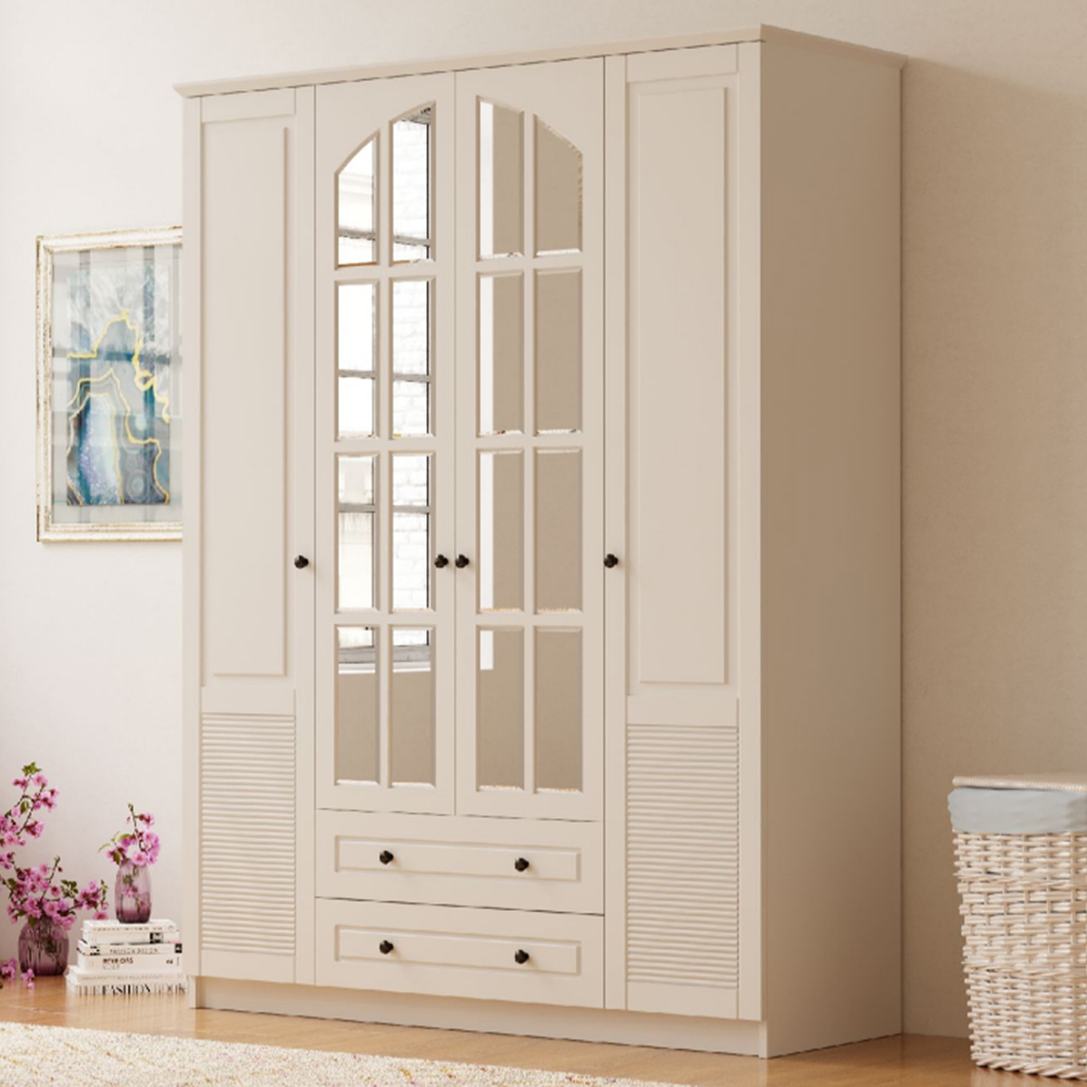 Evu Elise 4 Door 2 Drawer Extra Large White Mirrored Wardrobe Image 1