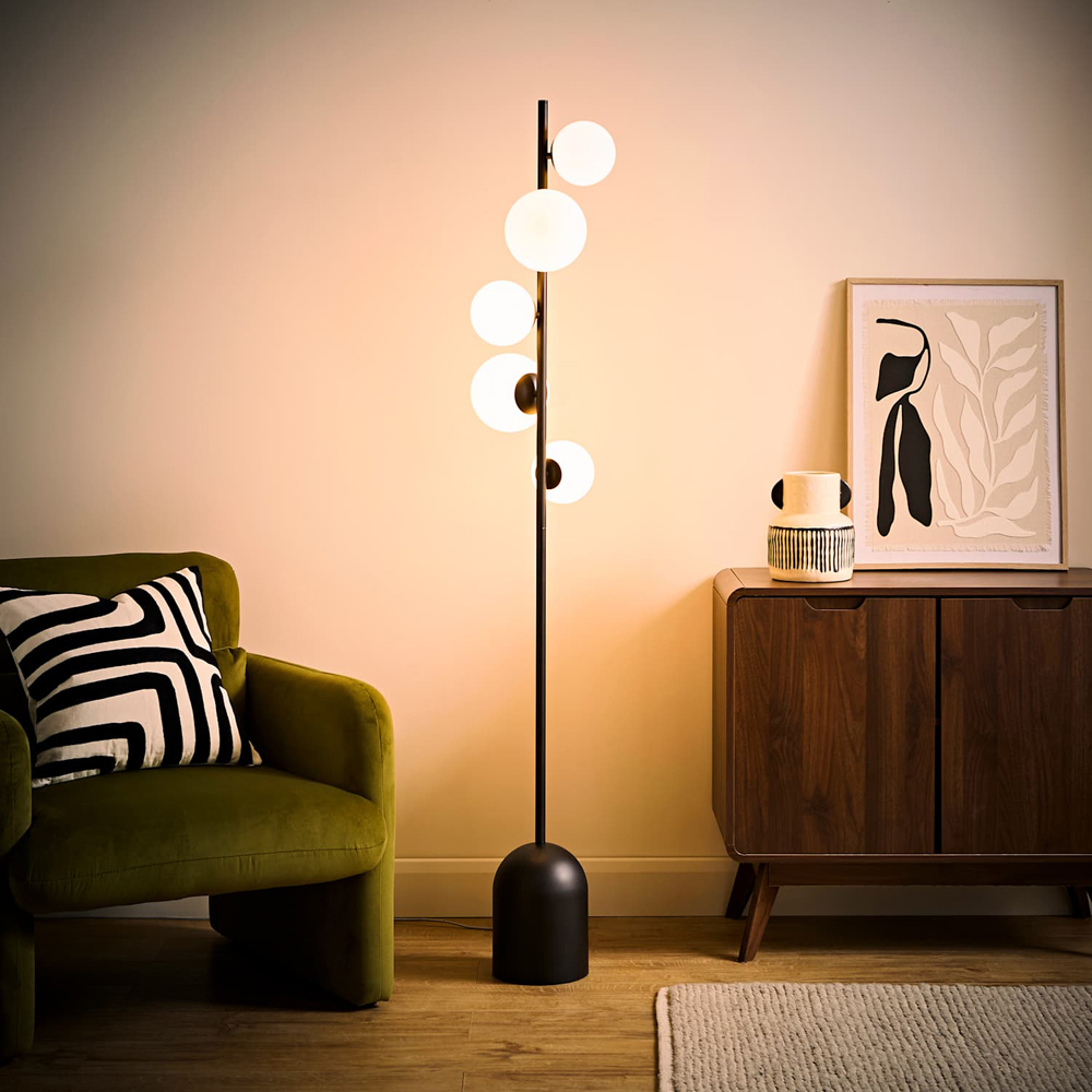 ValueLights Marlow 5 Way Globe Matte Black LED Floor Lamp with Bulb Image 2