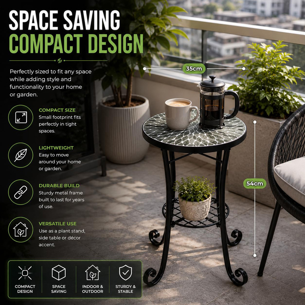 Shatchi Leaf 2-in-1 Single Shelf Mosaic Ceramic Tile Top Plant Stand Side Table Image 9