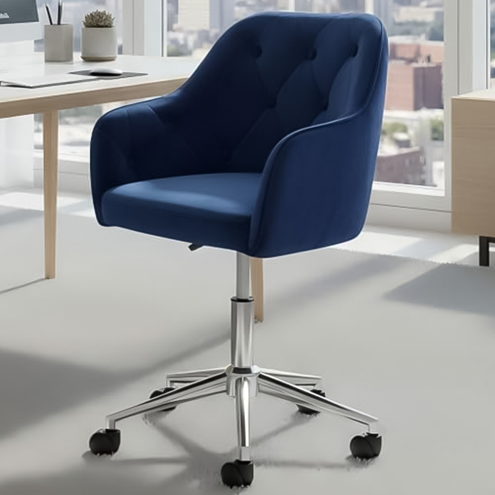 Alivio Blue Velvet Height Adjustable Swivel Tufted Office Chair with Wheels Image 1