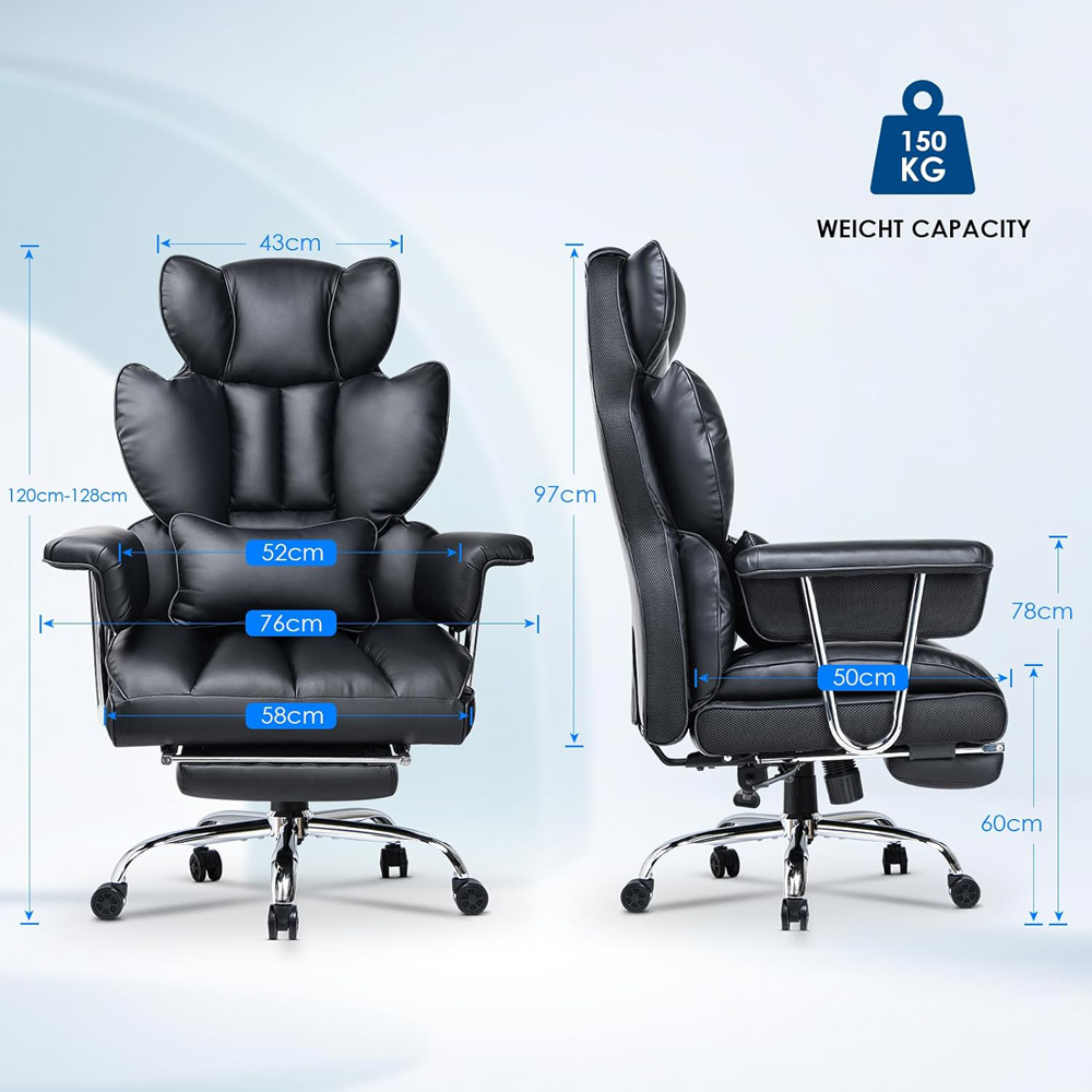 Rattrix Black Leather Ergonomic High Back Swivel Office Chair with Footrest Image 7