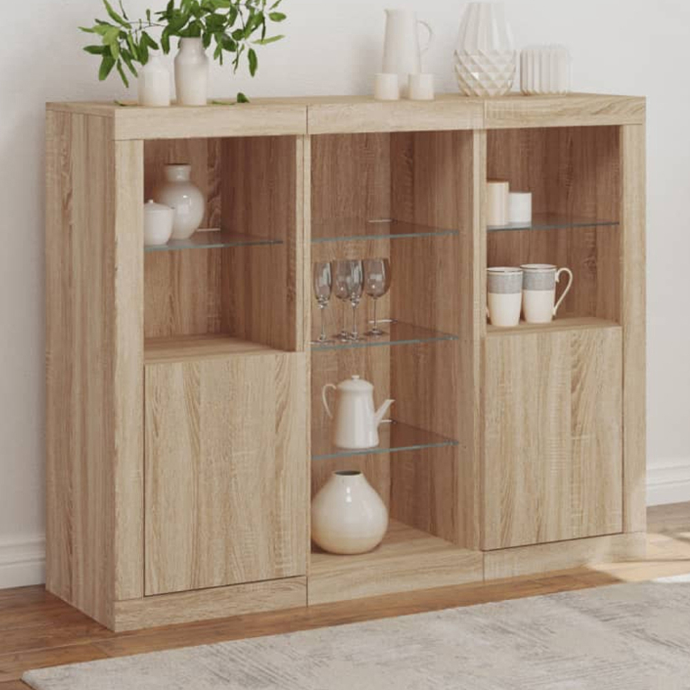 vidaXL 2 Door 8 Shelf Sonoma Oak LED Sideboard 3 Piece Image 1