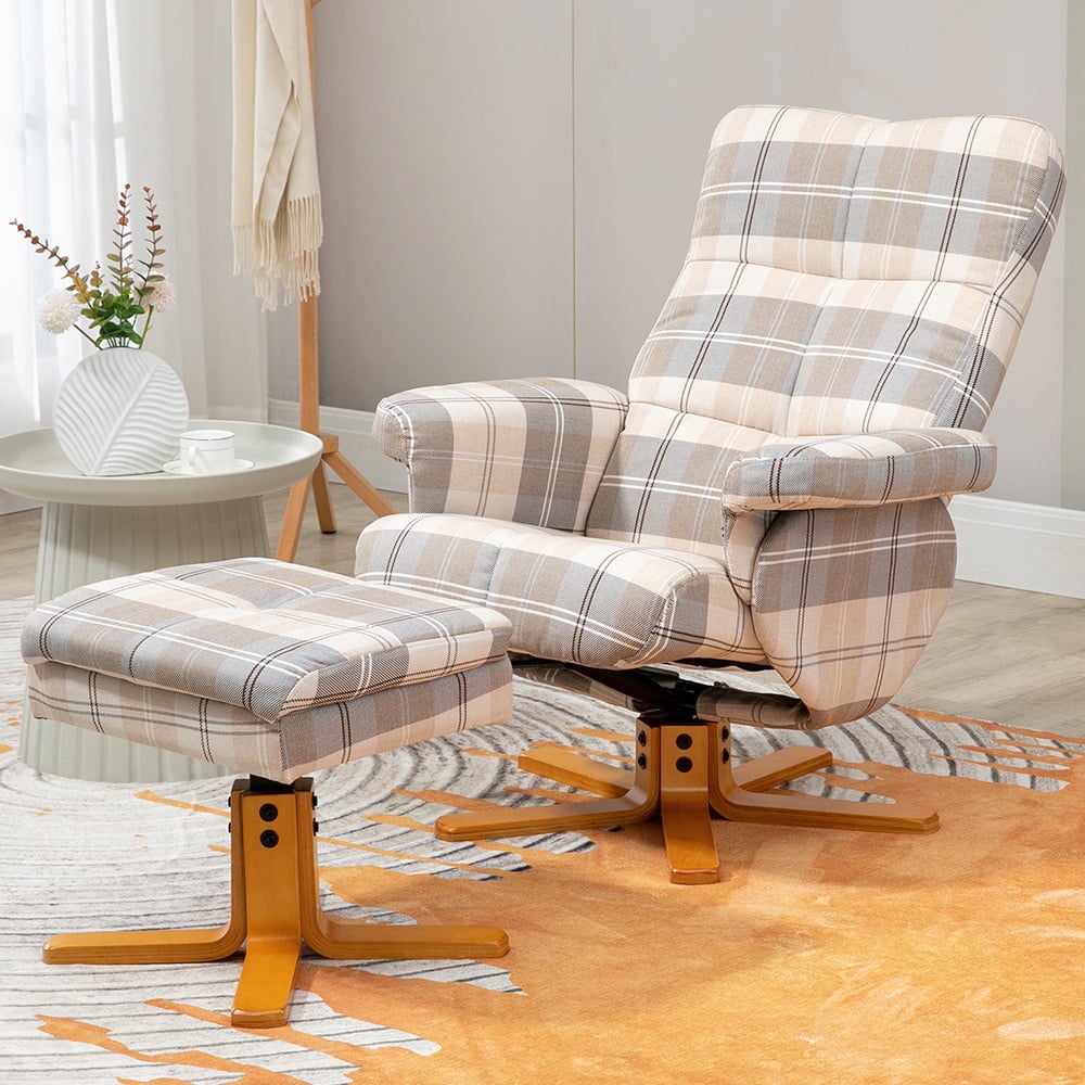 Portland Multicolour Linen Swivel Recliner Chair with Footstool Image 1