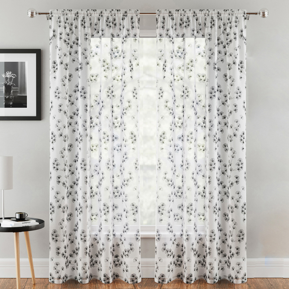 Tyrone Textiles Delila Black Trail Leaf Print Sheer Voile Panel Curtain 140 x 122cm Image 1
