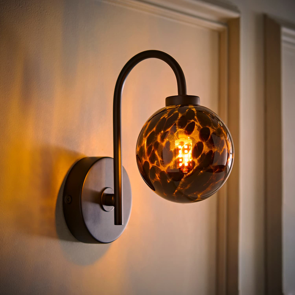 ValueLights Chiara Leopard Print Glass Globe Shade Matte Black LED Wall Light with Bulb Image 2