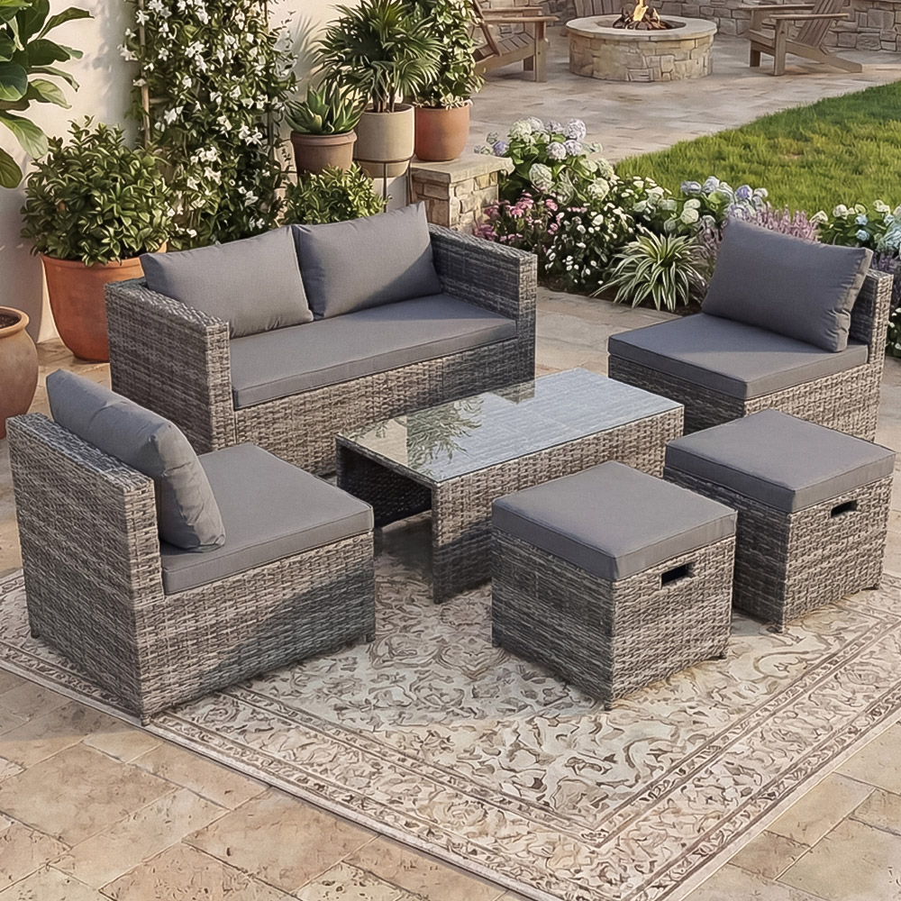 GARDEN VIDA Islay 6 Seater Grey PE Rattan Set Garden Lounge Set with Cover Image 1