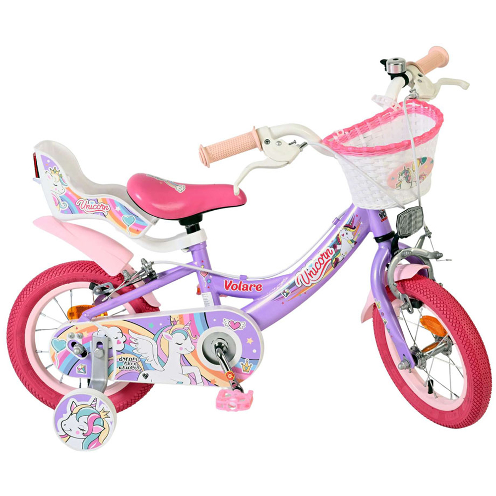Volare Unicorn Kids 12 inch Purple and Pink Bike with Stabilisers Doll Seat and Basket Image 4
