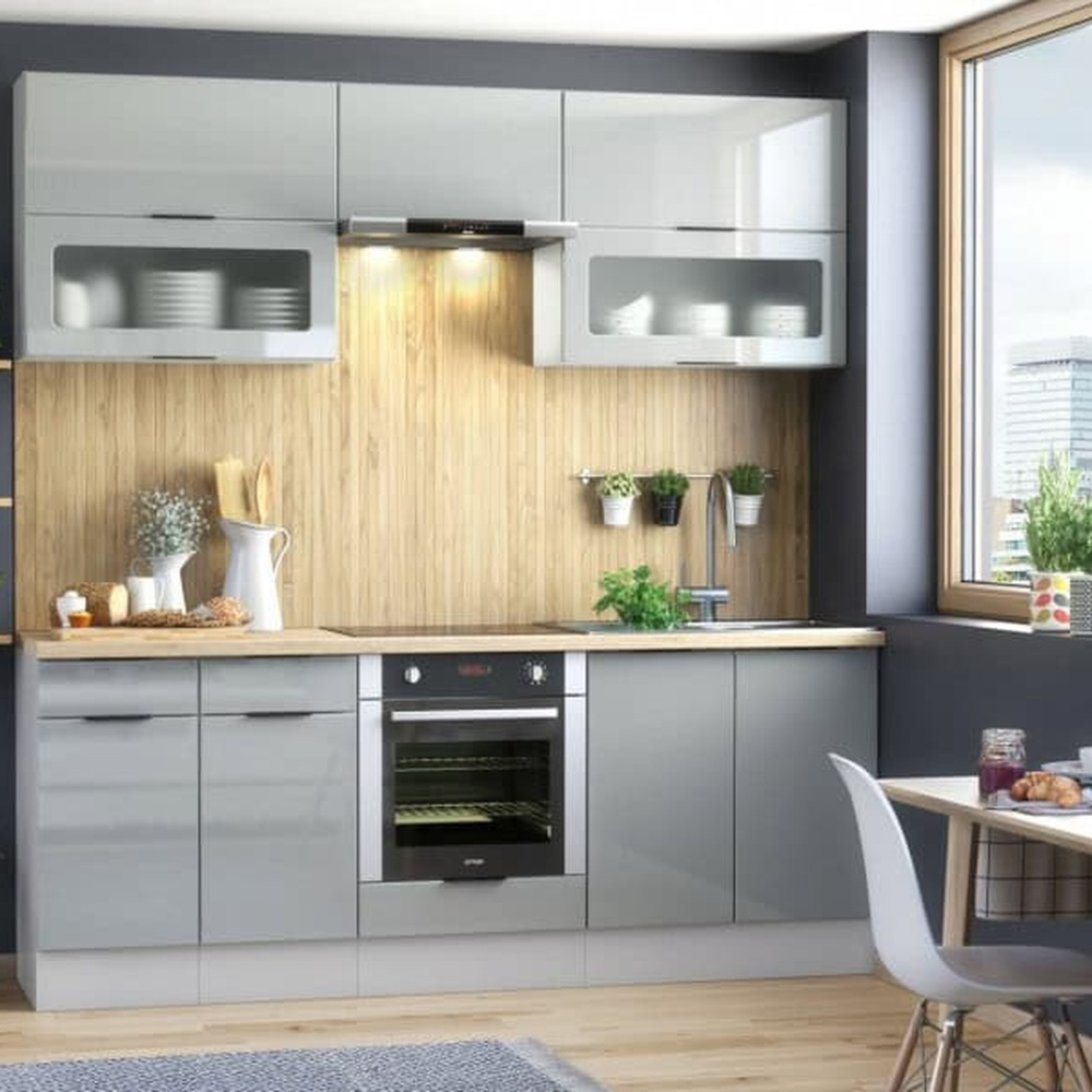 Impact Furniture Star 2 Lift Up Door Light Grey Gloss Glass Kitchen Wall Cabinet Display Unit 800mm Image 2