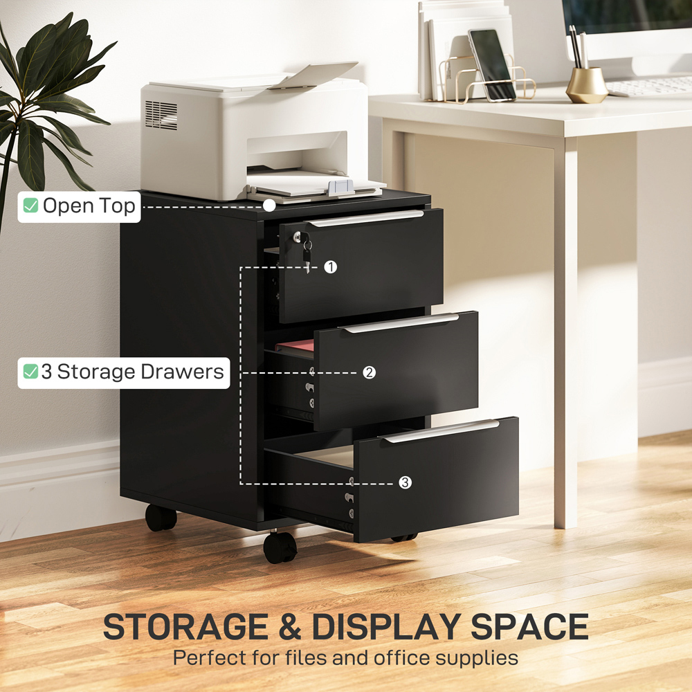 HOMCOM 3 Drawer Black Lockable Mobile Filing Cabinet Image 4