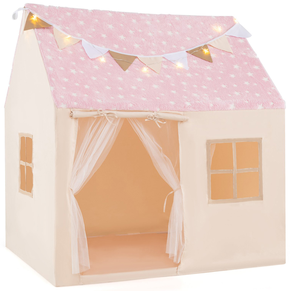 Costway Kids Pink Large Play House with Glow in the Dark Stars Image 1