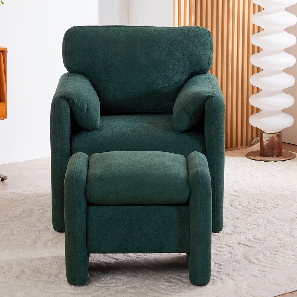 Living and Home Green Chenille Upholstered Armchair with Footstool Image 7