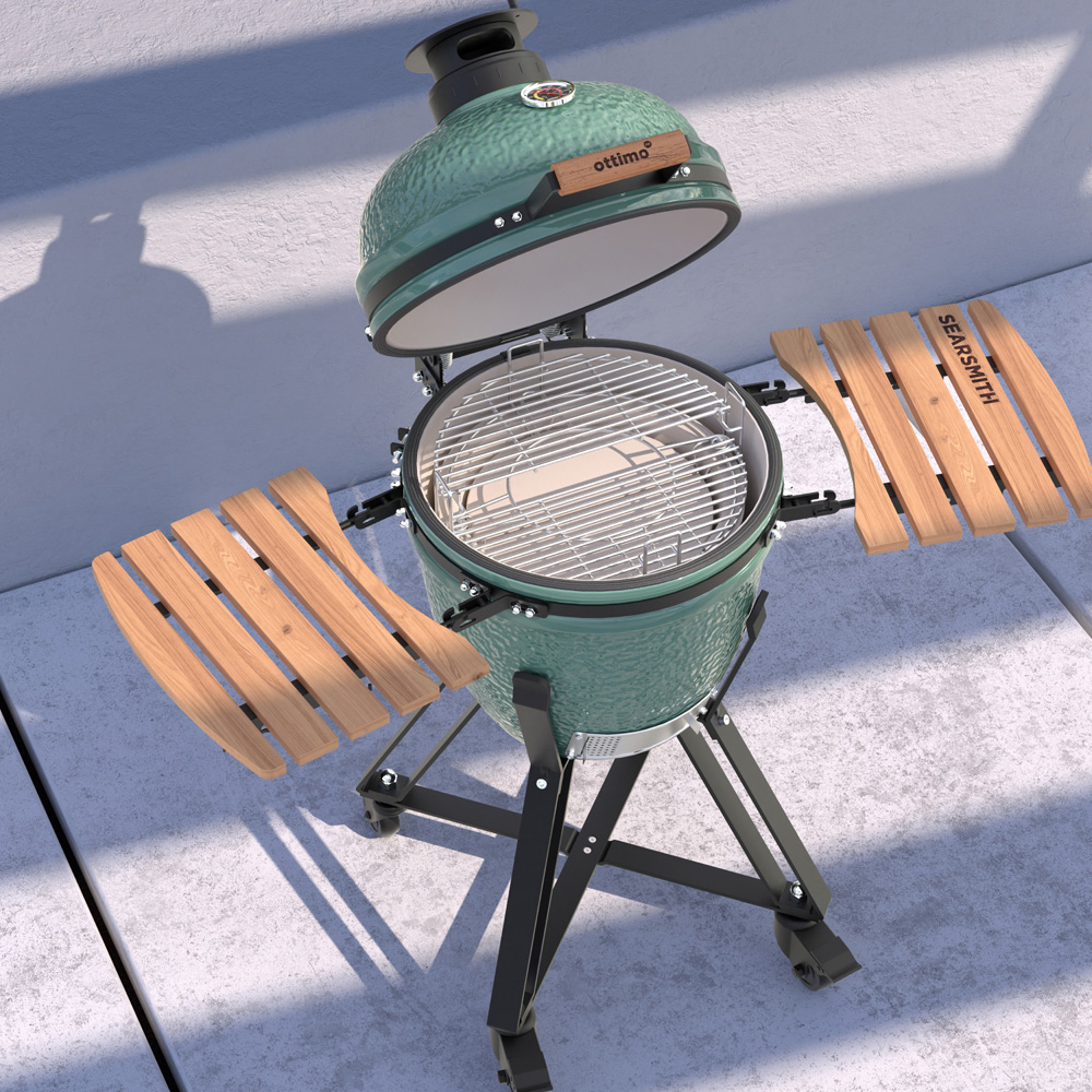 Ottimo Searsmith Green Ceramic Kamado BBQ with Bamboo Side Shelves 18 inch Image 8