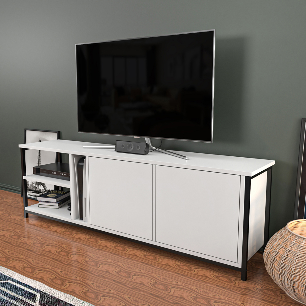 Decorotika Primrose 2 Door 3 Shelf Black and White TV Stand for 72 inch TV Image 6