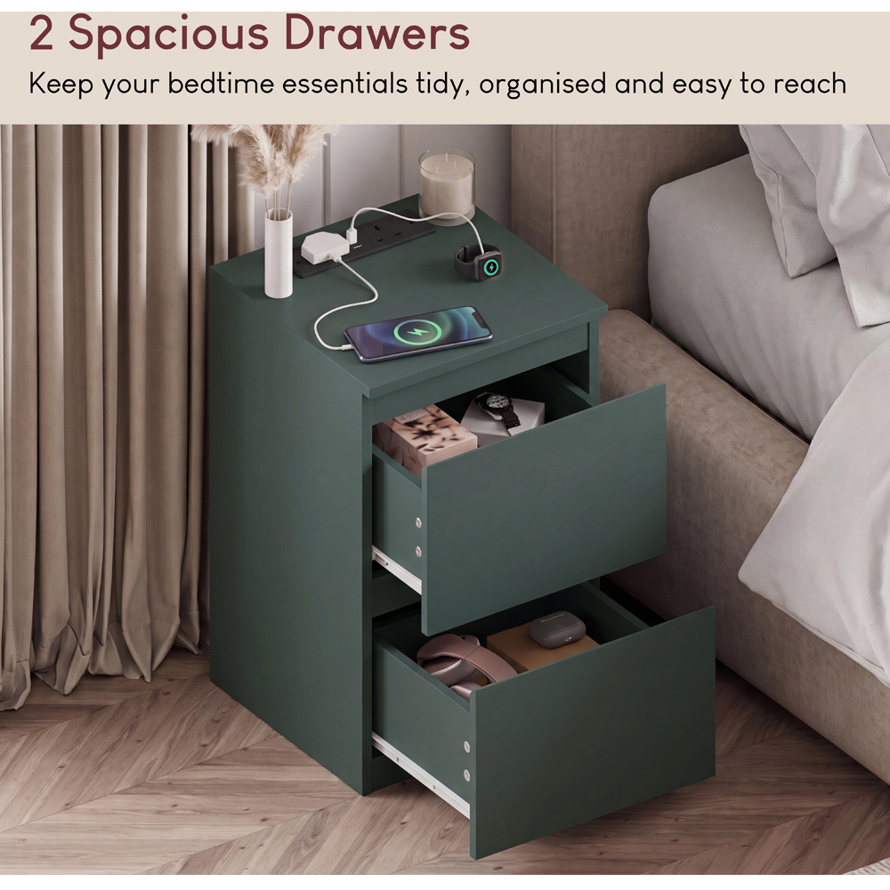 VIDA DESIGNS Denver 2 Drawer Green Bedside Chest with Power Outlet Image 5