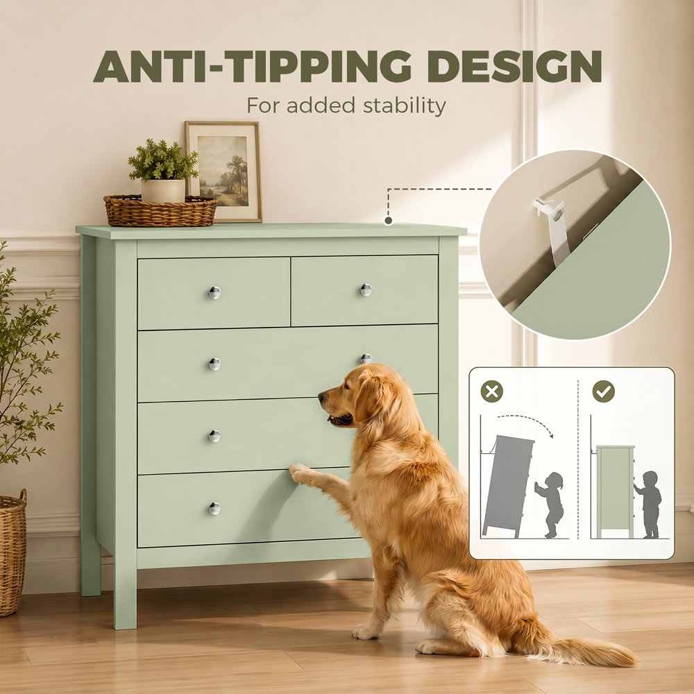 HOMCOM 5 Drawer Sage Green Modern Dresser Image 6