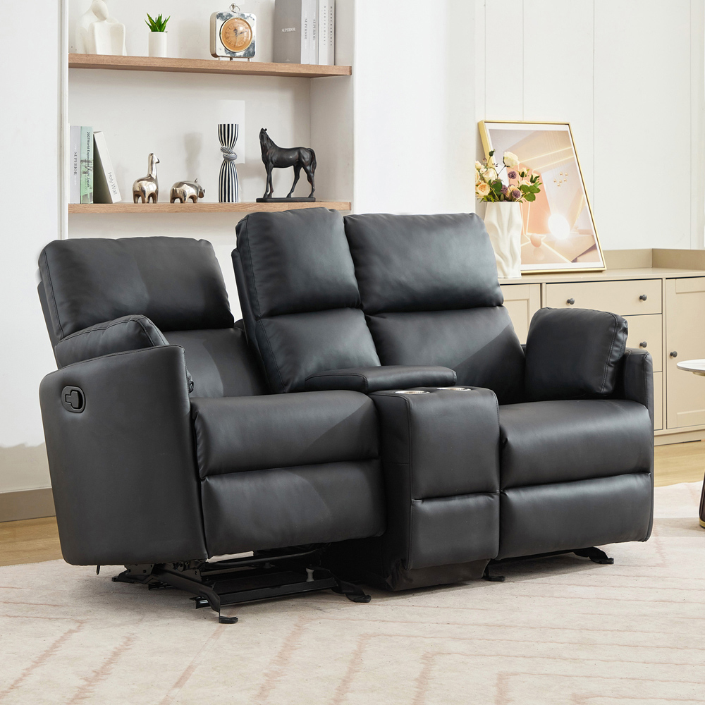 Artemis Home Hudson 2 Seater Black Leather Rocker Manual Recliner Sofa with Centre Console Image 9