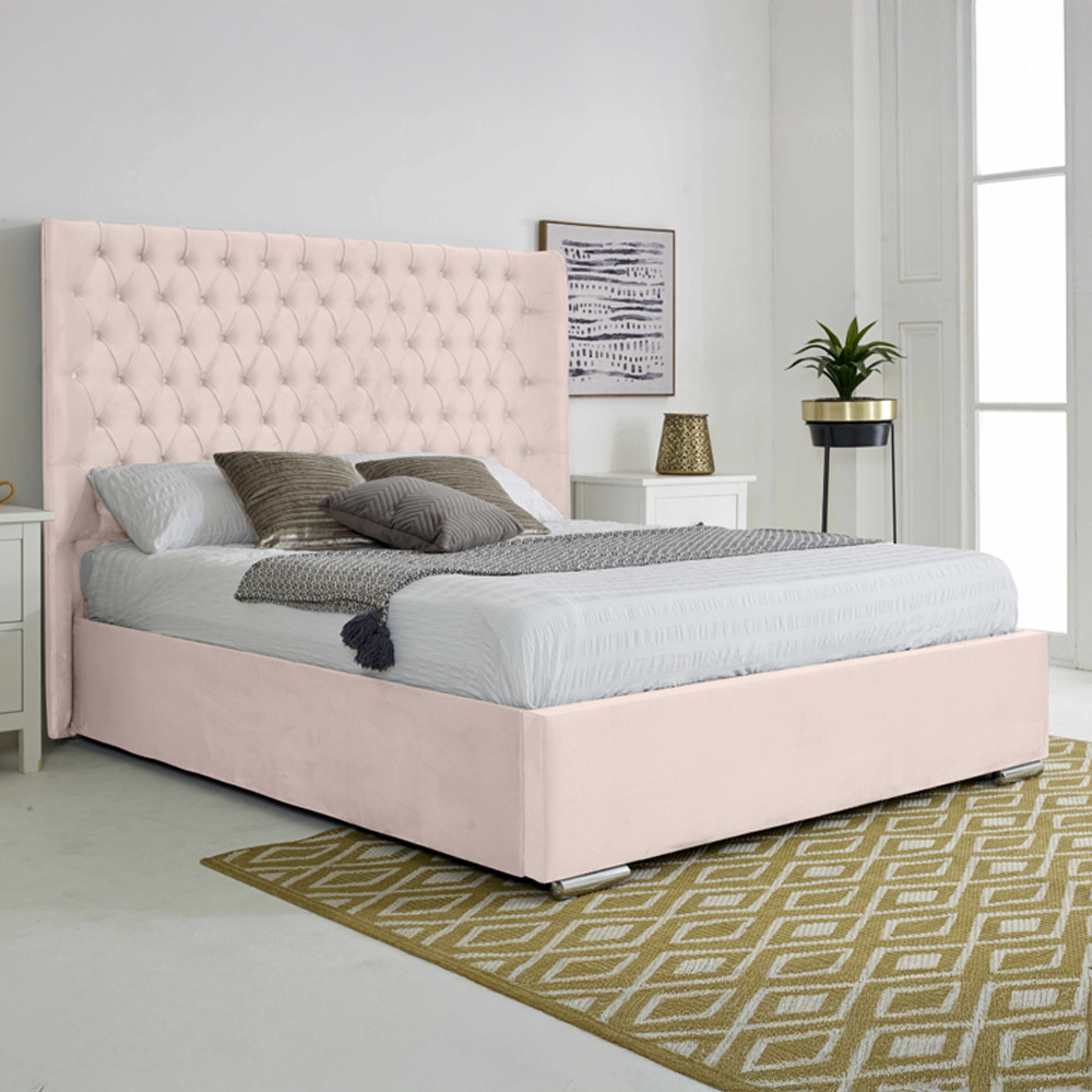 Eleganza Home Woodlake Super King Size Pink Plush Velvet Bed Frame with Chesterfield Headboard Image 1