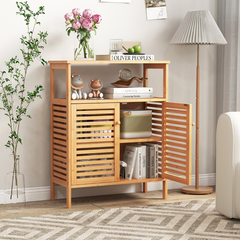 Costway 2 Door Single Shelf Natural Bamboo Storage Cabinet Image 6