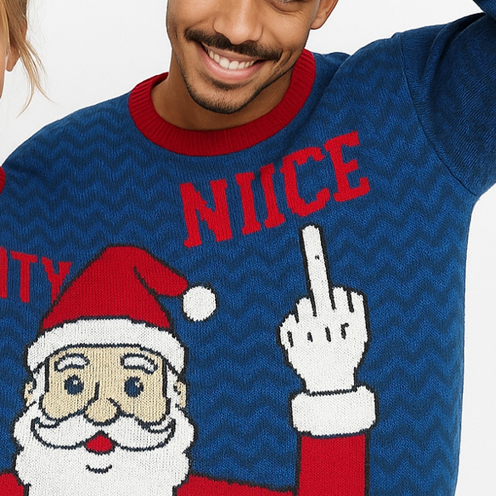 Noel Square Twin Naughty and Nice Crew Neck Xmas Jumper Blue Image 4