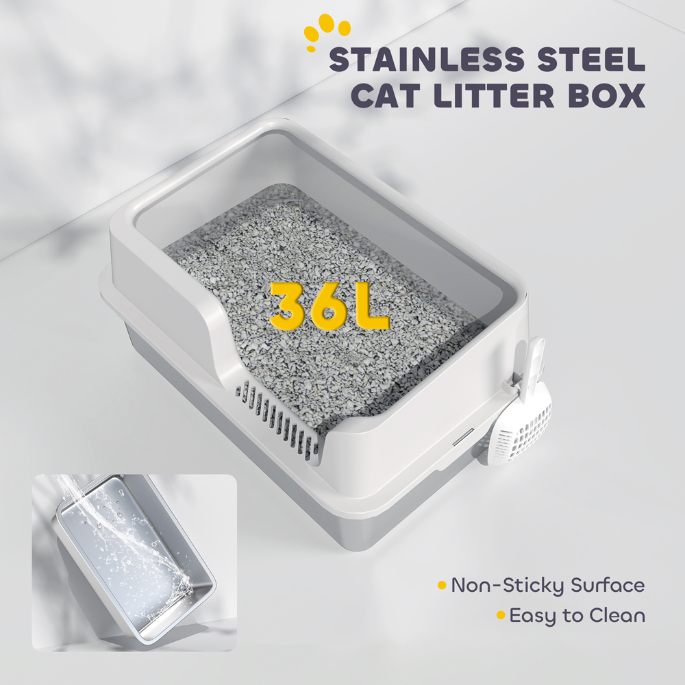 PawHut High Sided Stainless Steel Cat Litter Box with Scoop Image 6