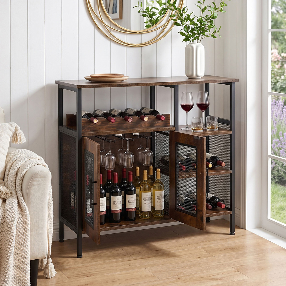 Living and Home 2 Door 3 Shelf Retro Brown Bar Cabinet with 5 Bottle Wine Rack Image 8